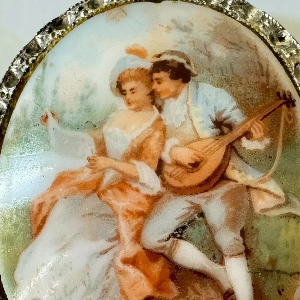 Victorian Lovers Nickel Silver Fragonard Milk Glass Cameo Clip Brooch Vintage